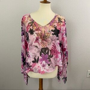 MULIN Pink Floral Flutter Sleeve Top Side Ruching One Size